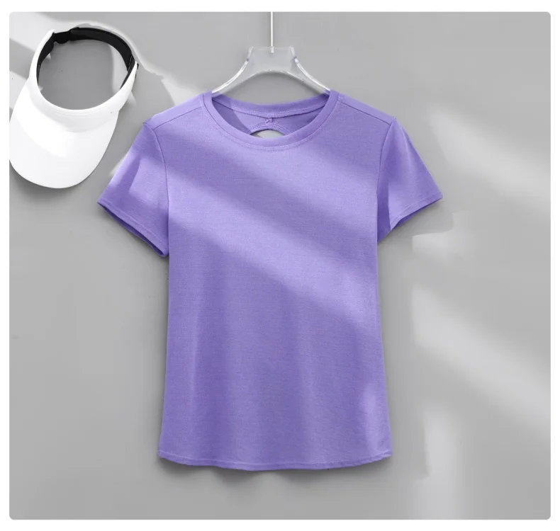 DRUR Gym Tops Frauen Leichte Sweatshirt Sommer Kurzarm Quick Dry Fitness Lauf T-shirt Zurück Kreuz Hohl Yoga Tragen Neue – Detail 8