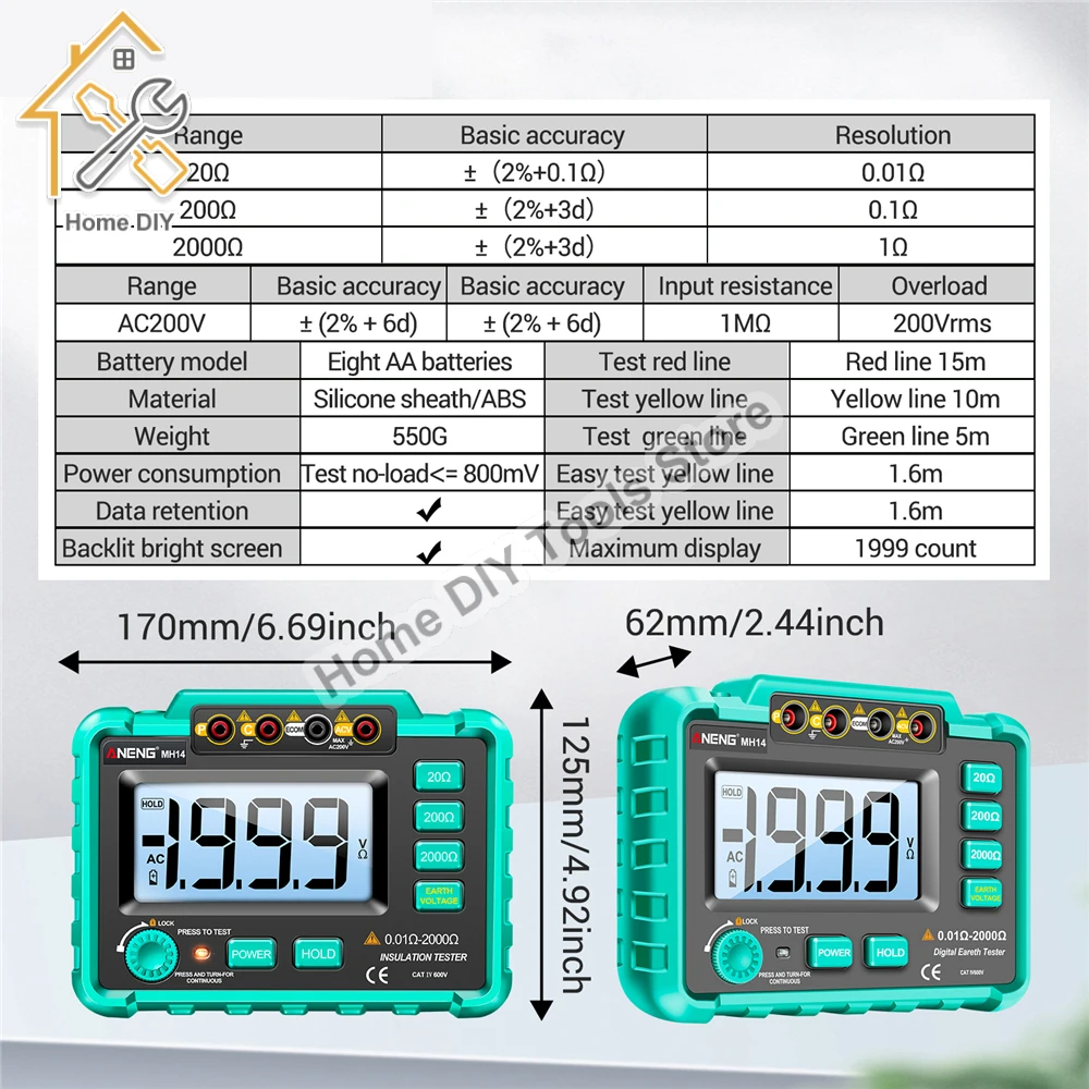 Mh14 0-2000ohm Digitale Isolatie Weerstand Tester 1999 Tellen Professionele Multimeter Isolatie Grond Weerstand Tester