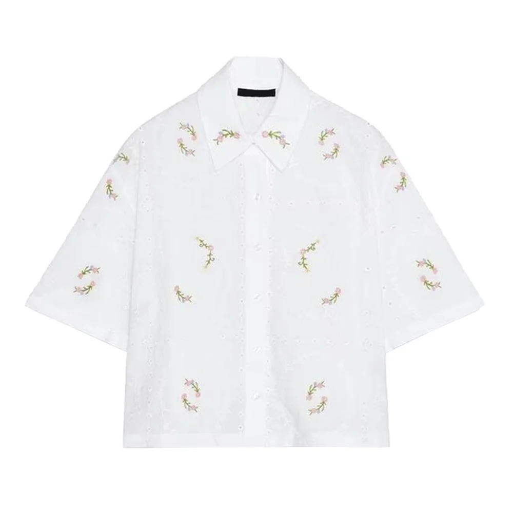 Zach Ailsa women's summer new style temperament lapel embroidered flower shirt embroidered high waisted shorts