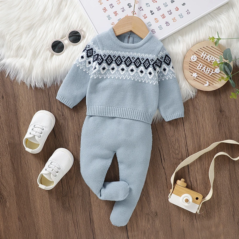 Baby Clothes Set Knit Newborn Girls Boy Long Sleeve Pullover Pants 2PC Fahion Striped Warm Infant Sweater Trousers Leggings Fall