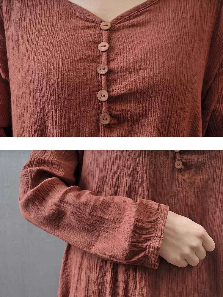 Nowa Letnia Sukienka Damska z Bawełny i Lnu, Długa, Codzienna, z Długim Rękawem, Dekolt w Serek, Luźna, Elegancka, Vintage, Wakacyjna, Plażowa Sukienka Damska