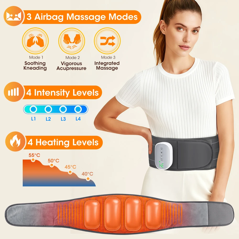 Ceinture de Massage Lombaire par Compression d'Air avec Chaleur, 3 Modes 4 Intensités 4 Niveaux de Chaleur, Masseur Sans Fil Rechargeable pour le Dos, Ajustable