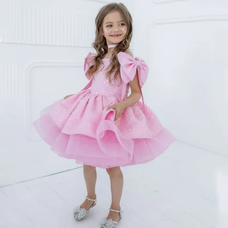 

Customized Flower Girl Dress Pink Tulle Sequin With Bow Sleeveless For Wedding Prom Birthday Party Banquet Holy Communion Gown