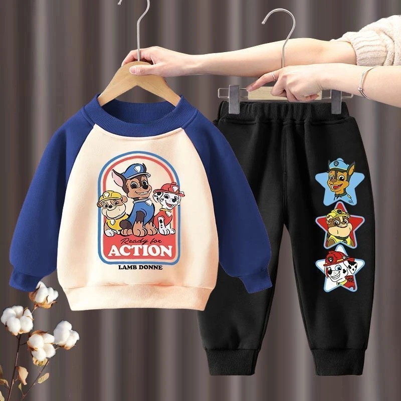 Fashionable 2024 Cartoon Woof Team Children Clothing Long Sleeve Set for Kids with Splicing Hoodie and Pants