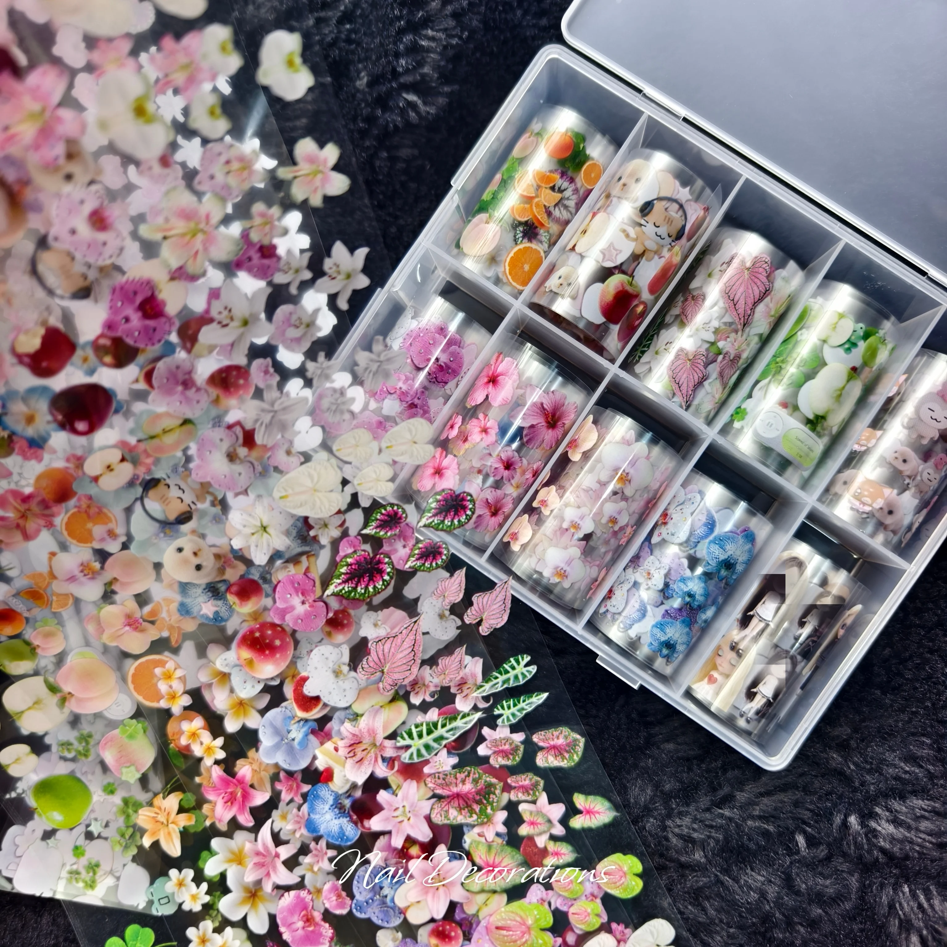 1 Box Blumen-Plumeria-Begonien-Blätter Phalaenopsis-Lilien Nagelfolien Transferpapier Nagelkunst-Aufkleber Nageldekoration – Detail 5
