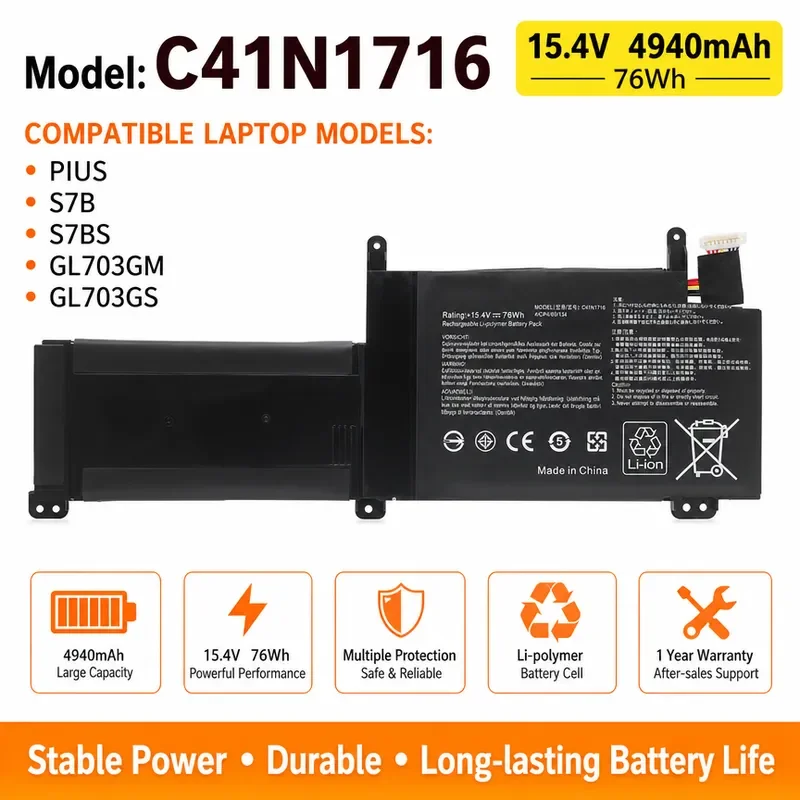Suitable For ASUS Gunslinger Plus S7B S7BS GL703GM GL703GS C41N1716 Laptop Battery