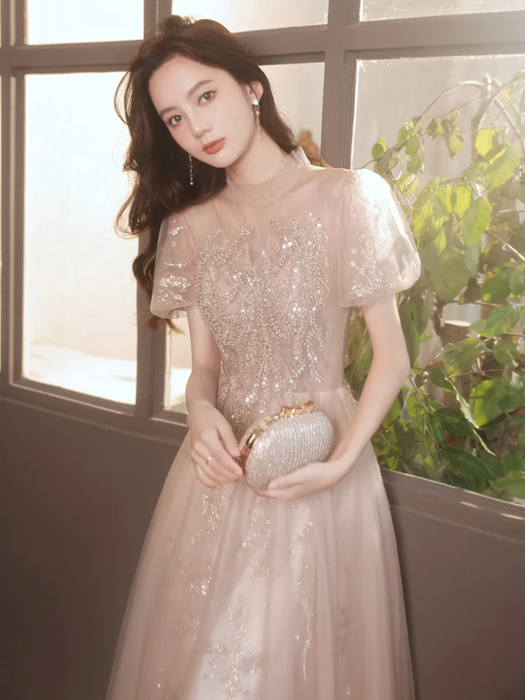 Champagne Evening Dress Temperament Beading Sequins Floor-Length Celebrity Gowns 2022 Classic Slim Banquet Dresses