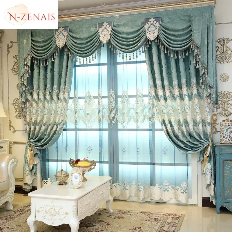 

European Green Chenille Hollow Embroidered Luxury Curtains for Living Room Dining Bedroom Blackout Valance Window Custom Tulle