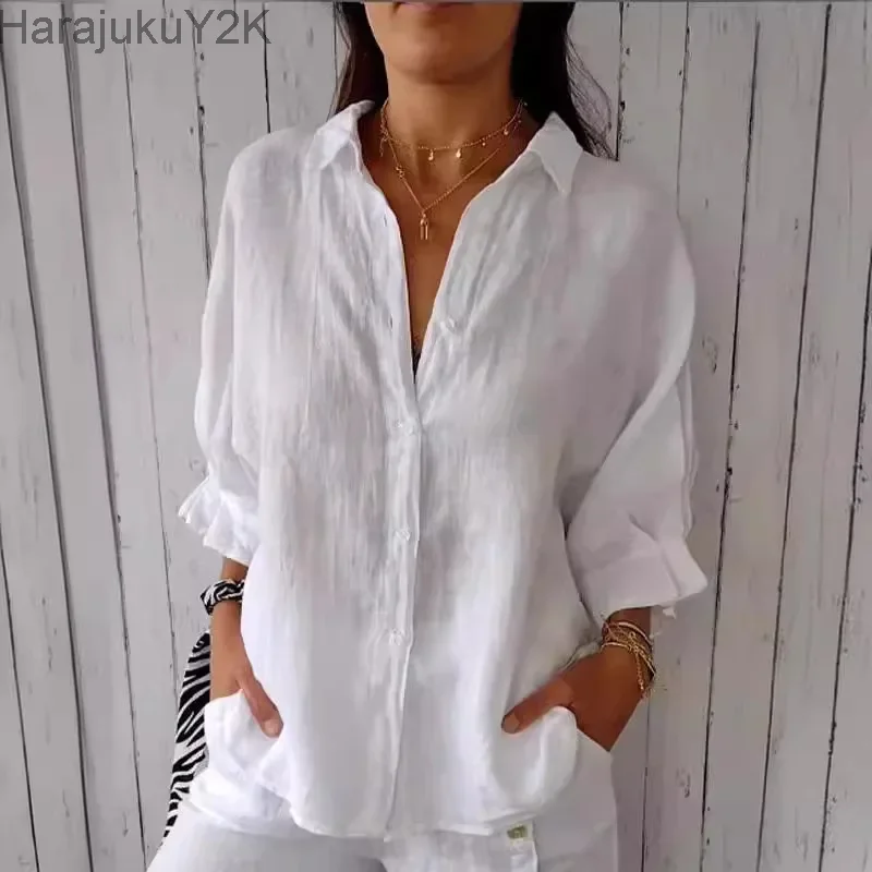 

Elegant Chic Women's Blouse Casual Top Spring/Summer 2024 Ties At Back Fashion Loose Fit V-Neck Button Long Shirt Blusa S-5XL