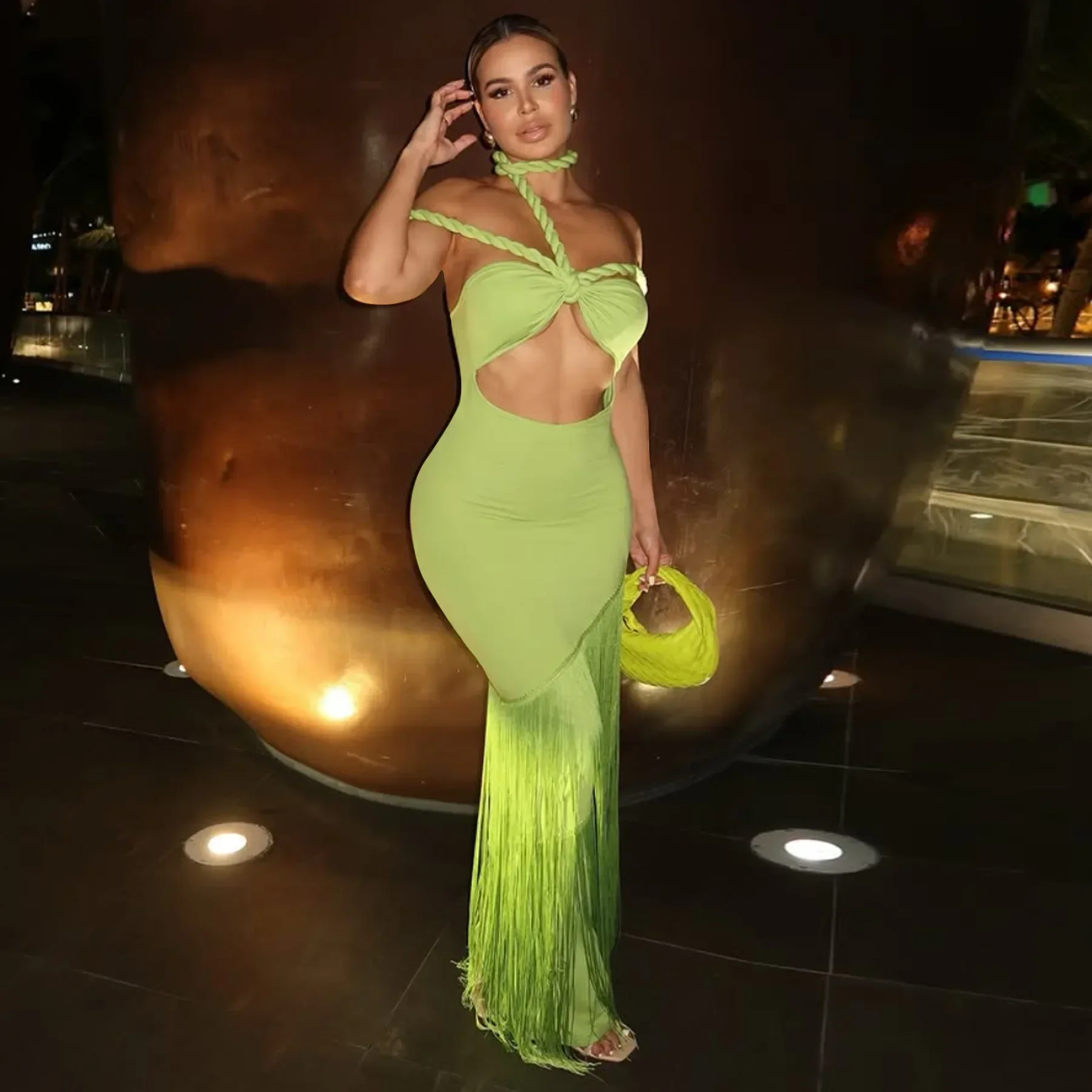 Sexy halter sem costas borla bodycon azul maxi vestido para mulheres elegante celebridade festa de aniversário noite baile formal robe