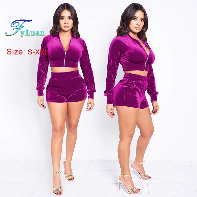 

2025 повседневный женский спортивный костюм с v-образным вырезом, однотонный замшевый кардиган на молнии, короткий топ с длинными рукавами и шорты, спортивный костюм, комплект из двух предметов