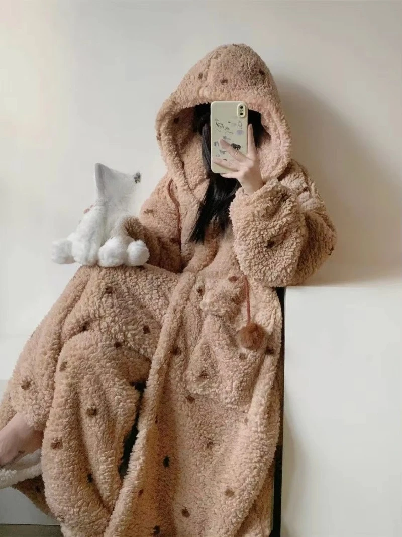 Popular Women Bear Korean-Style Pajamas Autumn Winter Coral Fleece Nightgown Adults Thickened Hooded Long Robe Nightgown Can Be 5