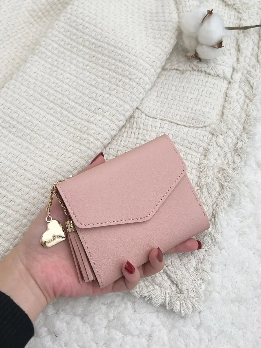 Metal Heart & Tassel Decor Coin Pocket Small Bi-Fold Women Wallet Mini Lightweight Minimalist Fashion Women Wallet Wallet Women