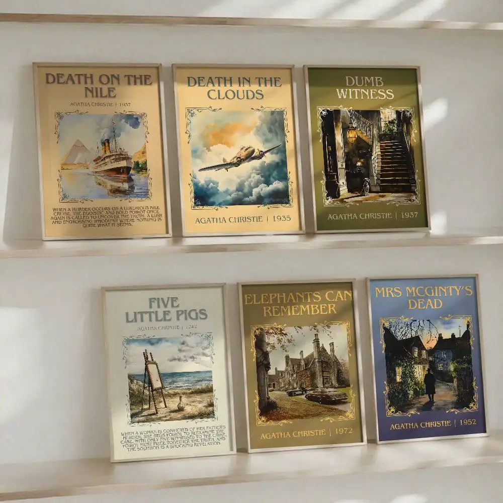 Póster clásico de la serie novedosa del libro de Agatha Christie, arte autoadhesivo, pegatina de papel impermeable, decoración de pared de habitación, Bar y cafetería