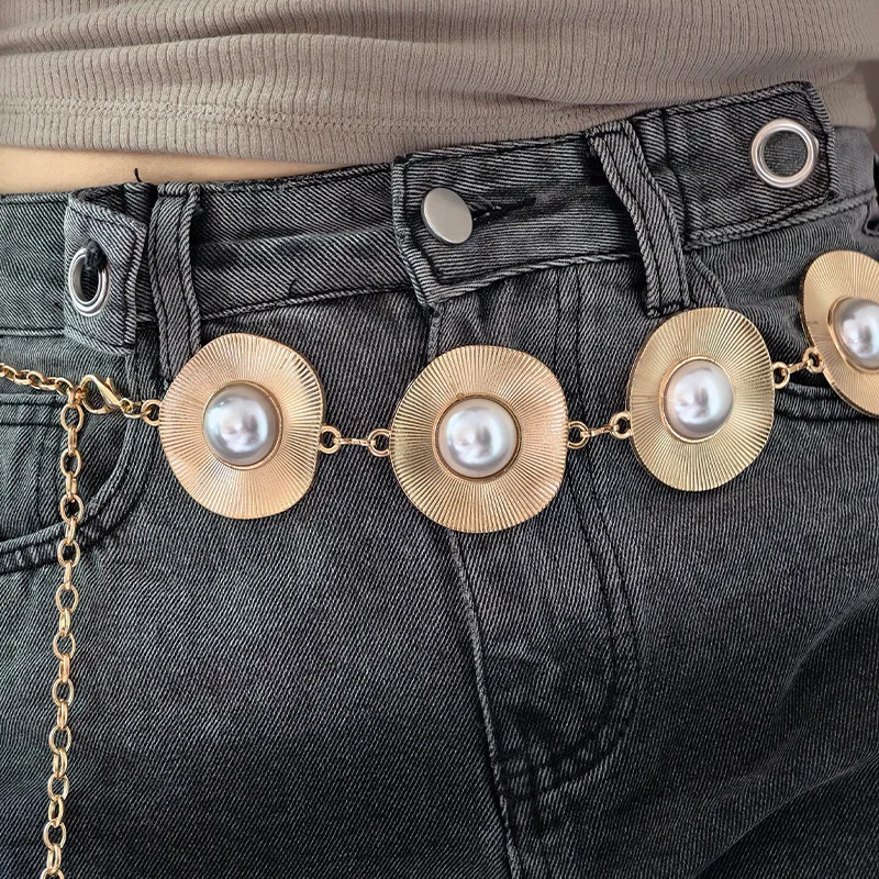 Luxury Designer Big Faux Pearls Chain Belt Female Elegant Belt For Women Dresses Jeans Waistband Exaggerated Body Accessories