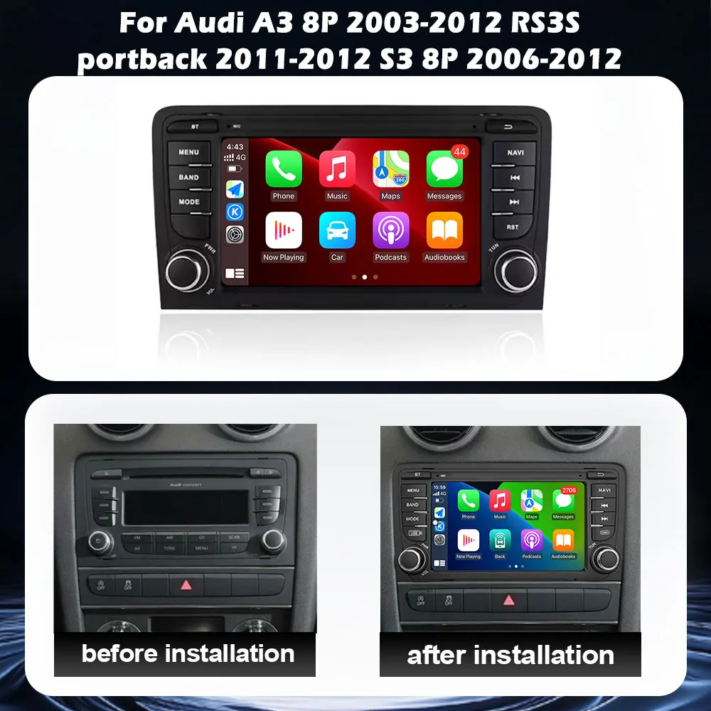 For Audi A3 8P 2003-2012RS3 Sportback 2011-2012 S3 8P 2006-2012 Wireless Carplay Android 16 Bluetooth Touch Screen Carplay