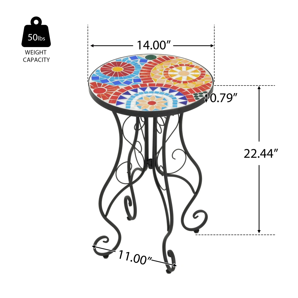 French Country Style Outdoor Side Table. Features A Colorful Ceramic Tabletop, A Matte-coated Steel Curved Frame, Rain and UV Protection, Adjustable Legs, Easy Cleaning, Durability, and Can Be Used Indoors or Outdoors.