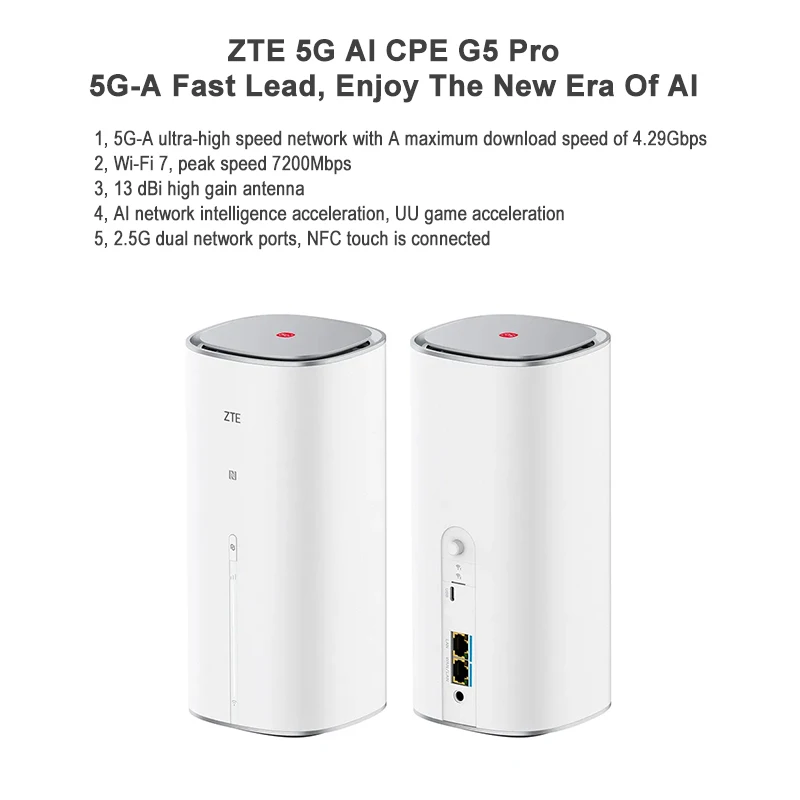 Routeur Elec5 G AI CPE G5 Pro, Wi-Fi 7, 7200Mbps, amplificateur de signal, 13 dBi, répéteur de réseau d'antenne à gain élevé, touristes, ports Ethernet 2.5G