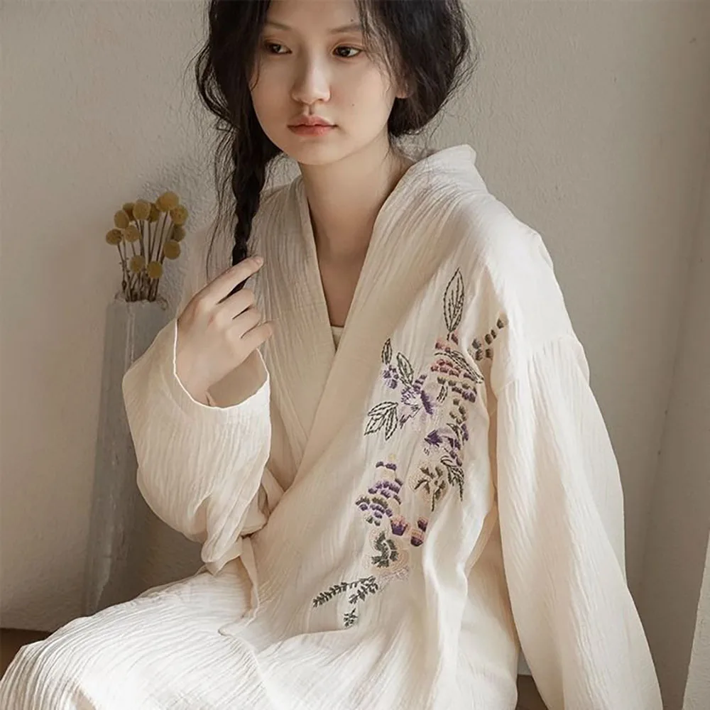 New Long-Sleeved Nightgown Spring Fall Lace-up Pajamas For Women Japanese Printed Kimono V-Neck Bathrobe Comfortable Home Wear