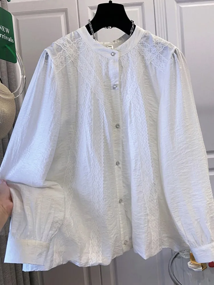 Oversize primavera rendas em torno do pescoço camisa feminina coreano manga longa casual solto senhoras blusas topos blusa feminina