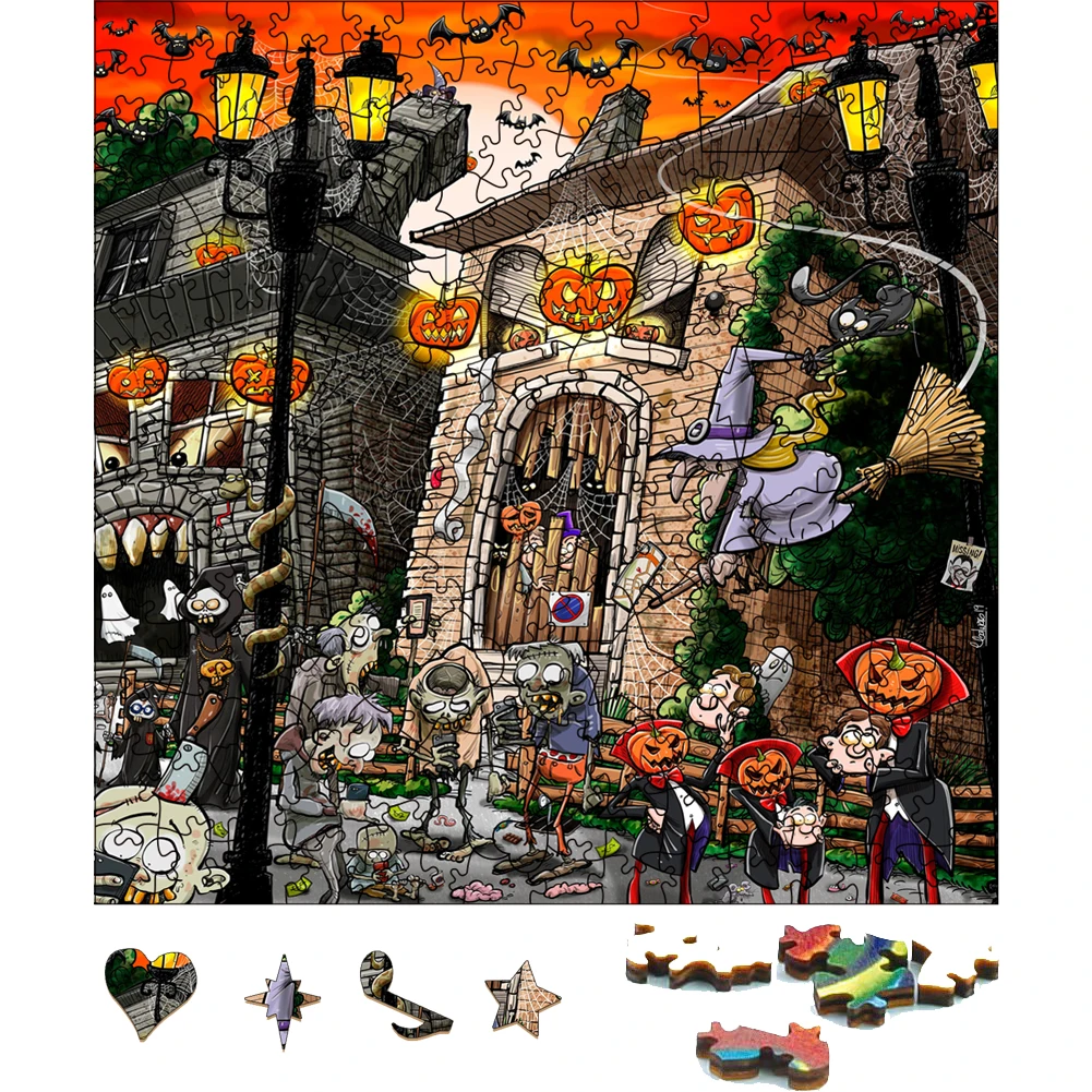 3D Wooden Puzzle Halloween Horror Atmosphere Wood Puzzle Cognitive Games Gift For Adults And Children Intelligence Puzzles Toys