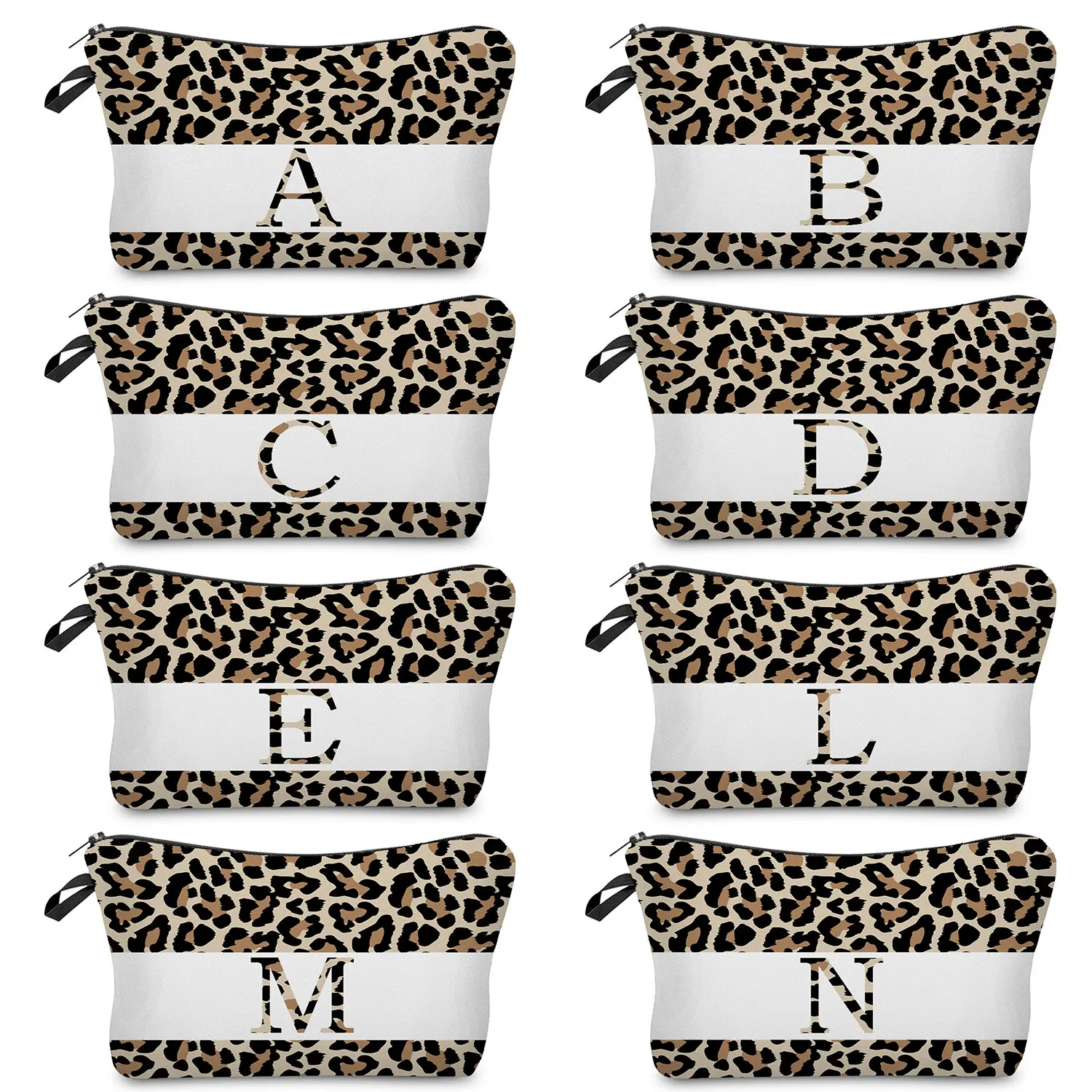 Bolsa de maquillaje con estampado de leopardo para mujer, bolsa de aseo portátil, bolsa de viaje para playa al aire libre, 26 letras