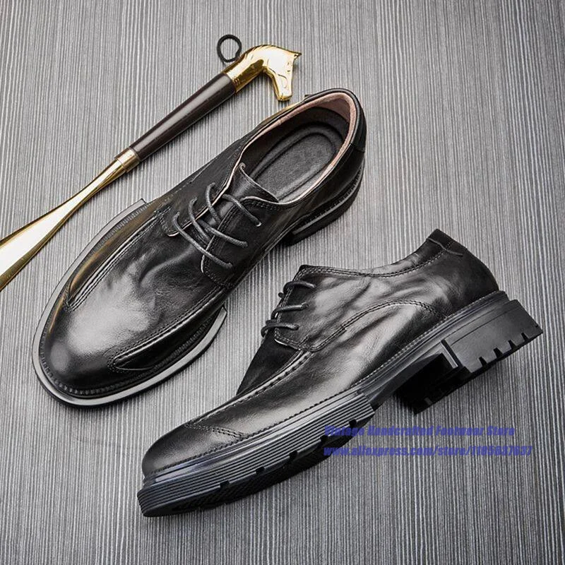 

Black/brown Leather Thick Sole Lace Up Men's Shoes Height Increasing Business Dress Shoes ﻿Vintage Handcrafted Men's Shoes