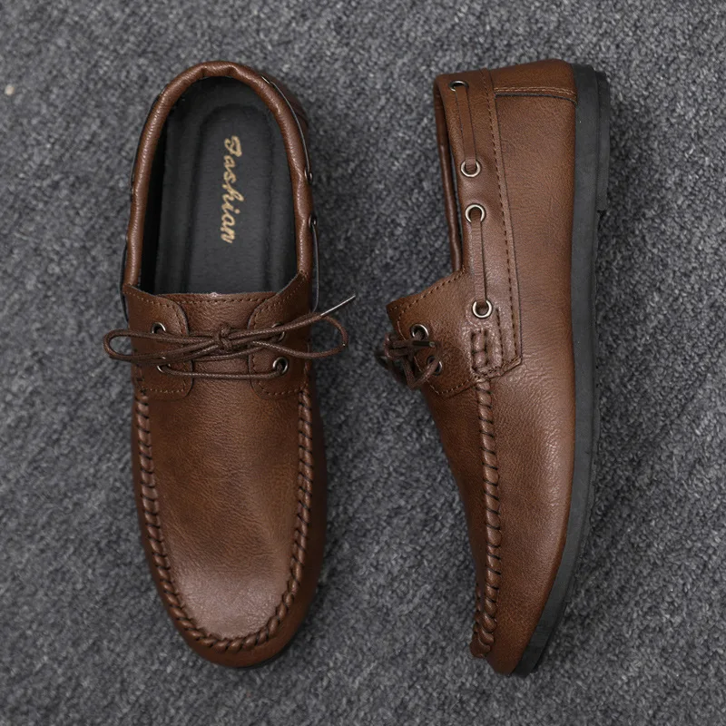 Men New Leather Loafers Comfortable High Quality Boat Shoes with Soft Bottom Lace Up Driving Shoes Elegant Man Dress Shoes