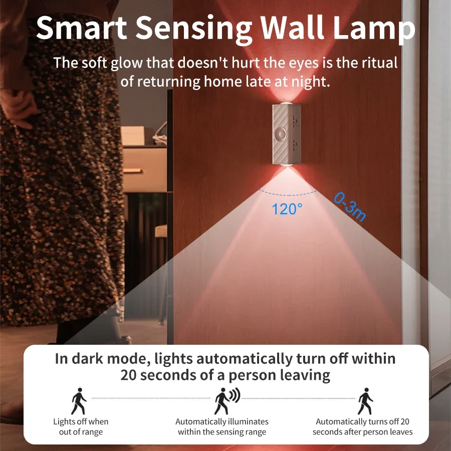 Motion Sensor LED Wall Light RGB Rechargeable Double-head Night Light Magnetic Spotlight with Remote Control for Bedroom Stair