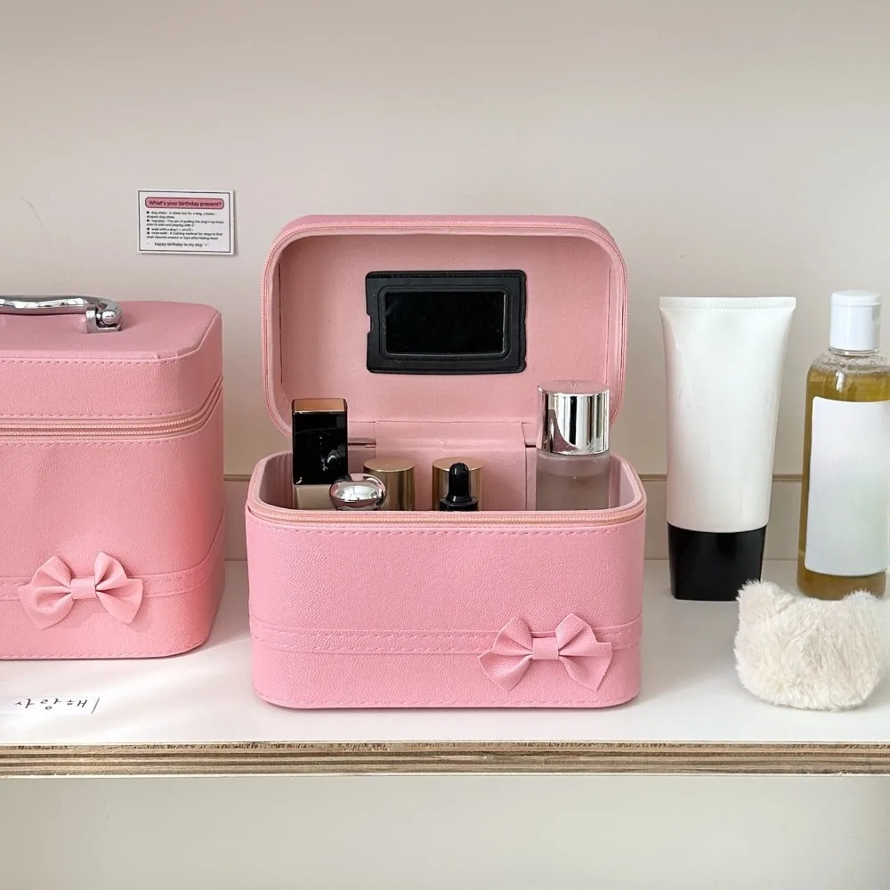 

Pink Bow PU Leather Makeup Bag Alloy Handle Large Capacity Skincare Product Storage Box Waterproof Multifunctional