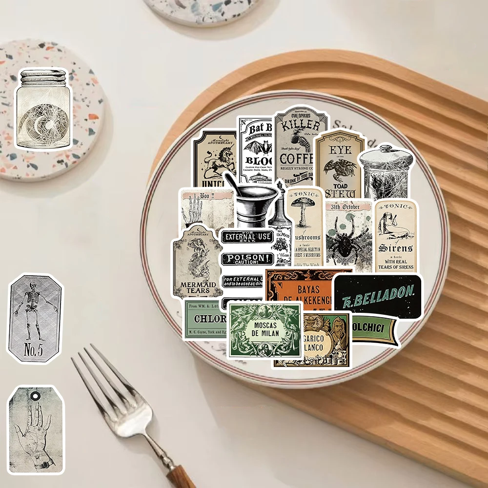 50Pcs Vintage Medicine Bottle Label Stickers Streetwear Luggage Bicycle Laptop Fashion Art Picture Graffiti Scrapbooks Decals