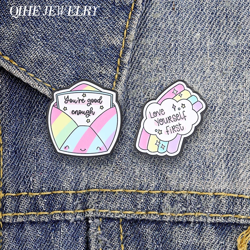 Love Yourself First Inspirational Rainbow Quotes Enamel Pin You're Good Enough Rainbow Envelope Brooch  Bag Lapel Jewelry Badge