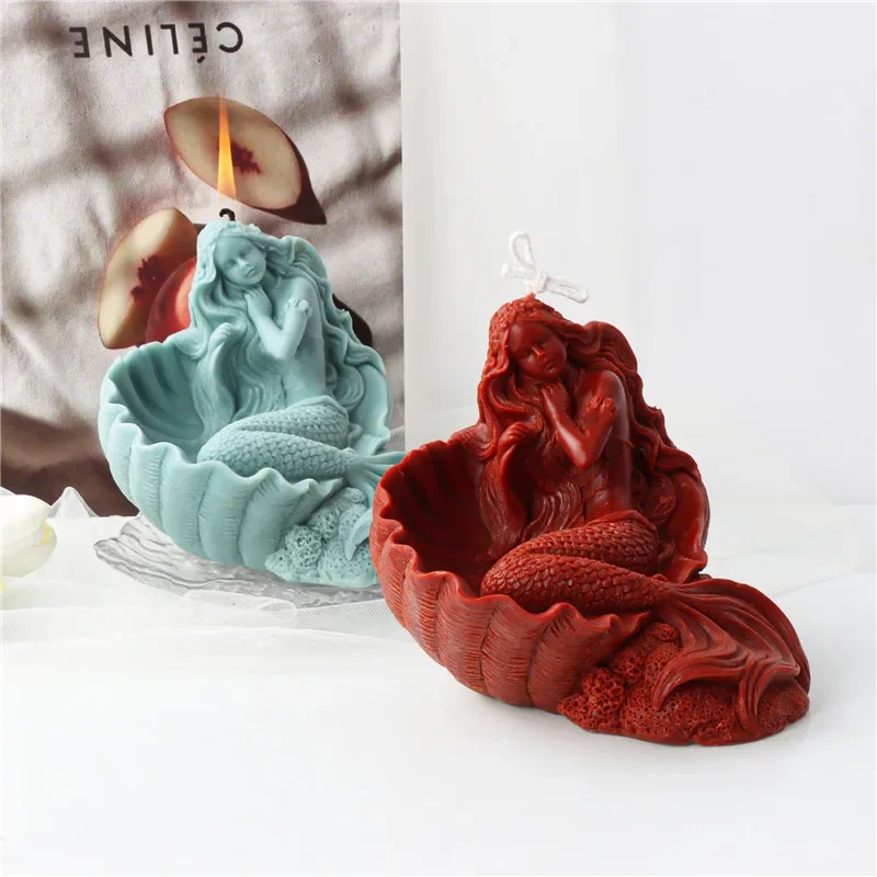 3d Sleeping Shell Mermaid Silicone Mold Beauty Lady Mermaid Tail Candle Mould Aromatherapy Plaster Resin Molds Candle Making Kit