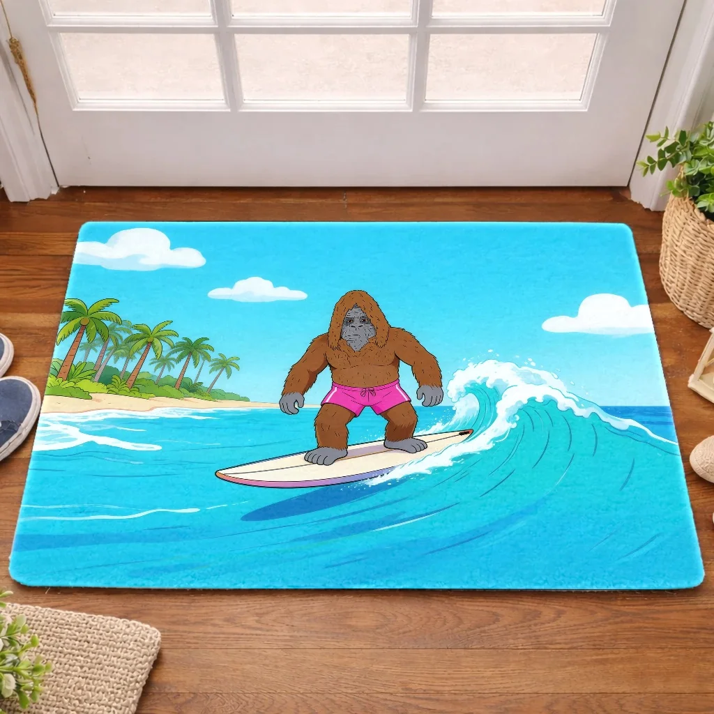 [2D Flat] Fun Gorilla Surfing Print Flannel Floor Mat Bathroom Mat Home Door Absorbent Doormat Bedroom Living Room