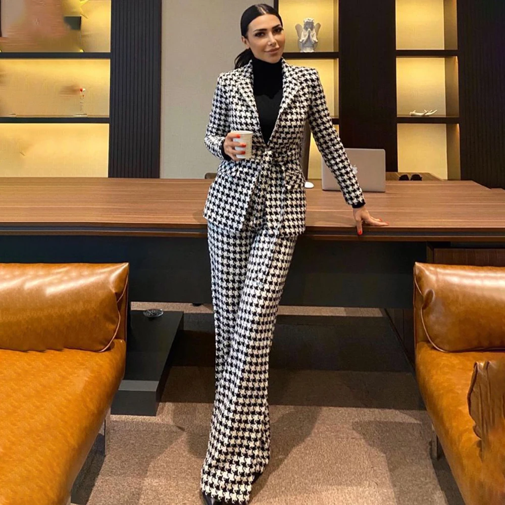 Classic Belted Women's Suits Formal Single Breasted Notch Lapel Slim Fit Blazer High Quality 2 Piece Jacket Pants Outfits