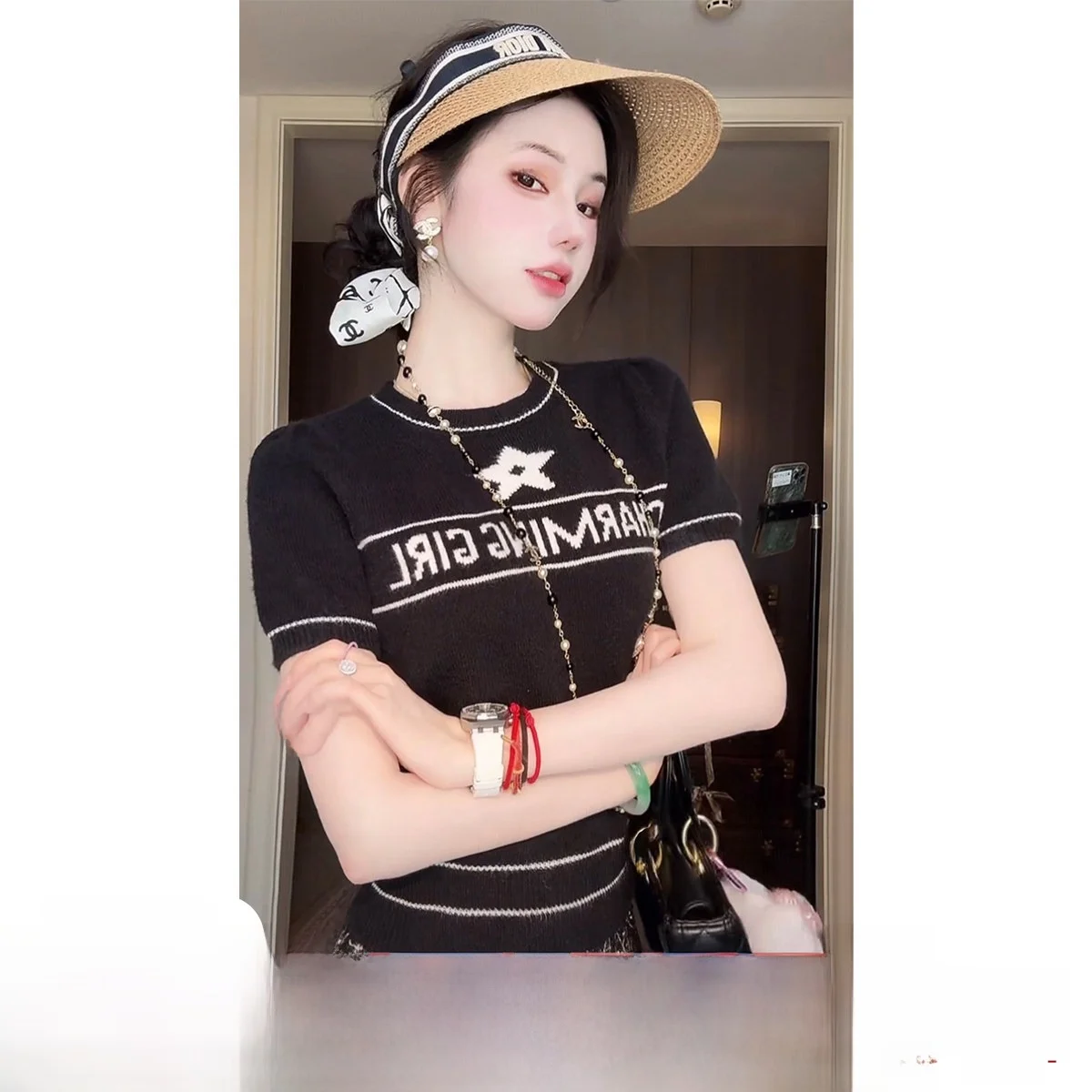 

Женский модный повседневный свитер Sy Luy Star с коротким рукавом, вязаный, с буквенным принтом, приталенный, для ранней осени