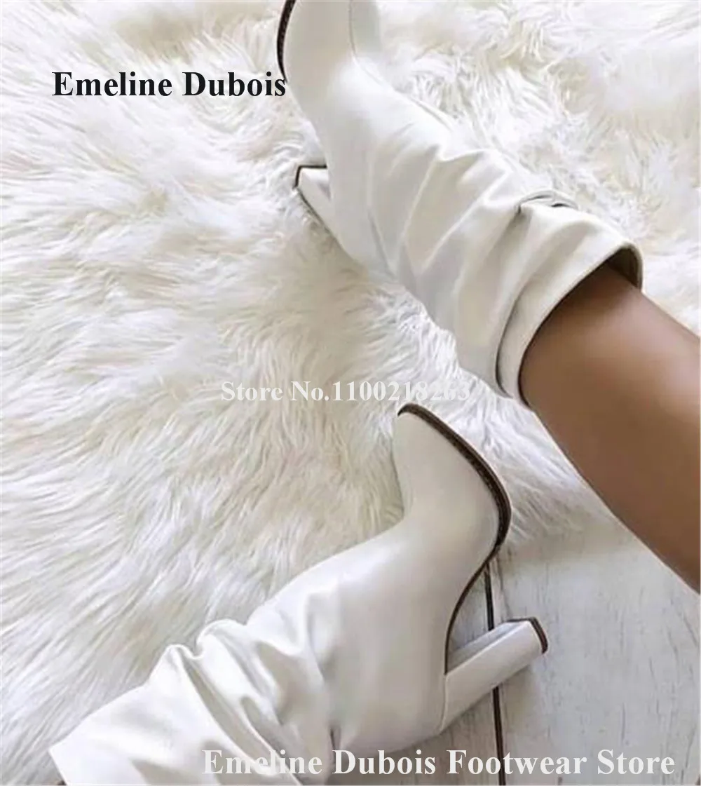 

Suede Leather Mid-calf Boots Emeline Dubois Round Toe White Beige Brown Chunky Heel Pleated Thick Heel Long Boots Big Size