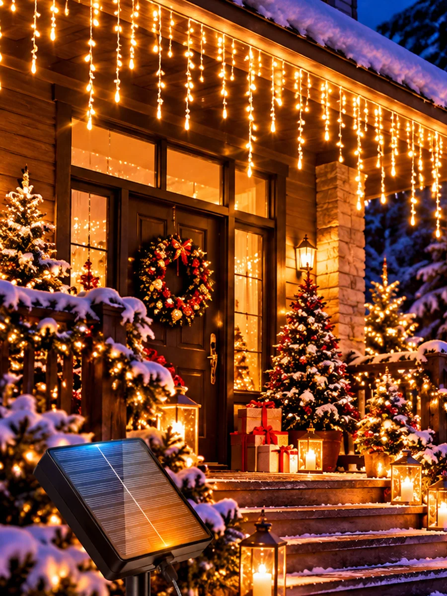 Solar LED Icicle Curtain Lights Cascading Drop Fairy Strands for Xmas Window Doorway Veranda Shopfront Courtyard Festive Display