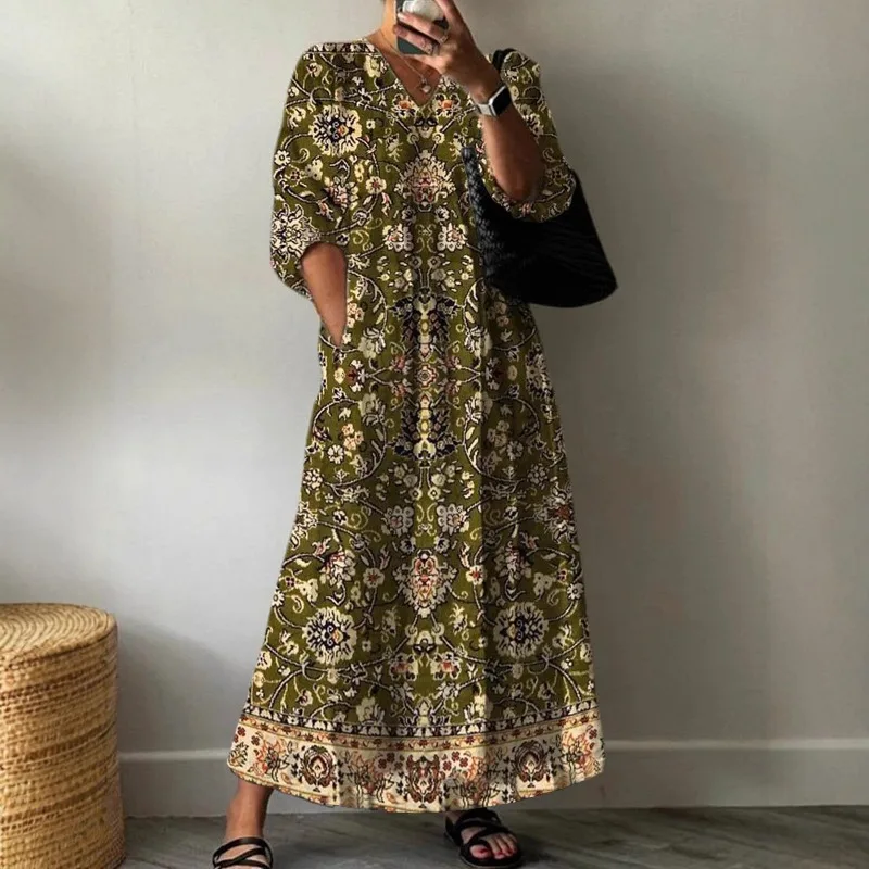 2025 여름 패션 캐주얼 브이넥 3/4 소매 플로럴 루즈핏 맥시 드레스