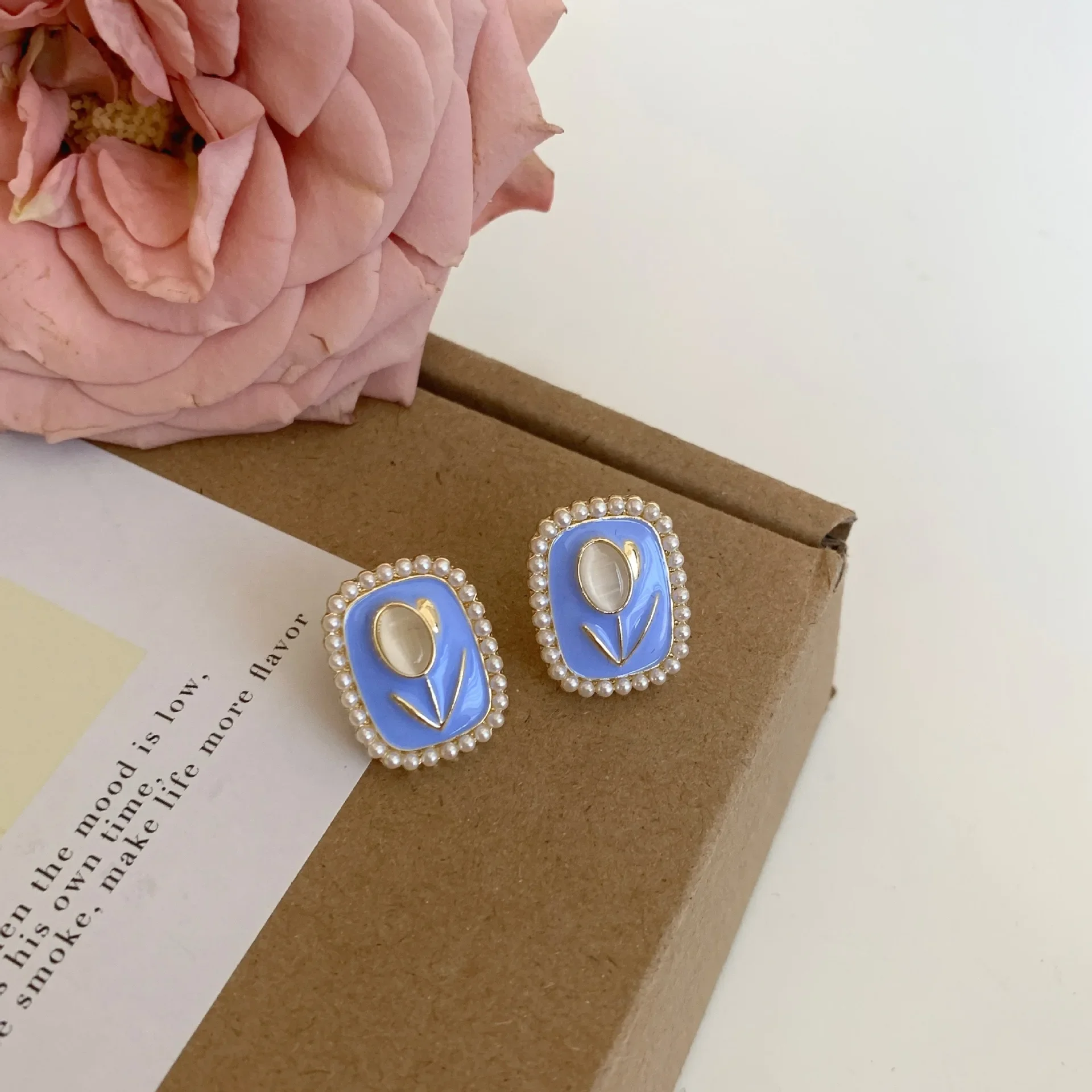 Fashion Opal Tulip Flower Blue Square Imitation Pearl Stud Earring for Women Korean Geometric Jewelry Christmas Girl Gift