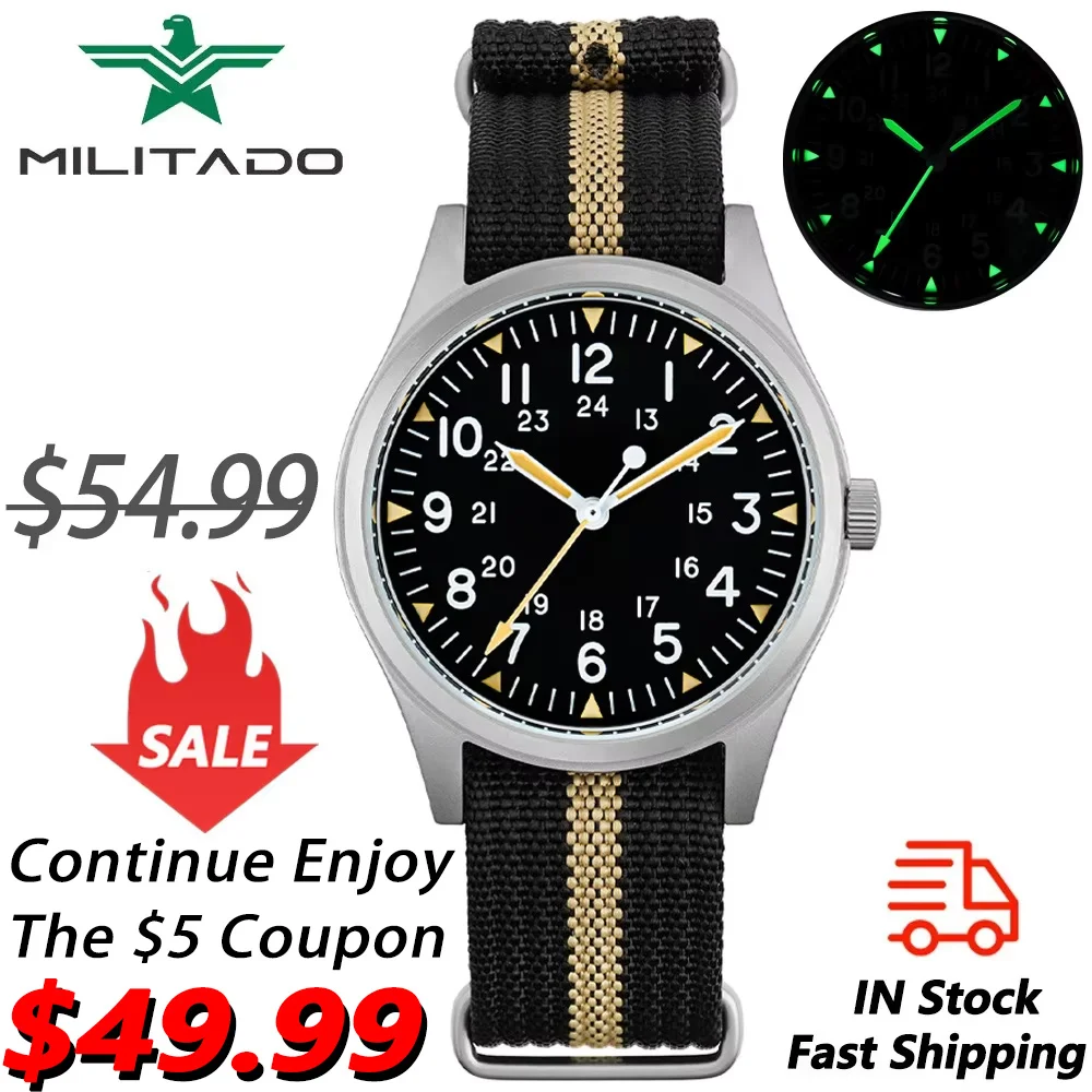 Militado ML07 Vintage Watch Miyota Super 2035 Movement Domed Sapphire Crystal Luminous 10Bar Waterproof 36mm Military Watches