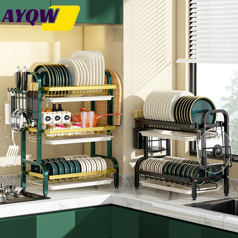 Large 2-3 Tier Vertical Dish Rack/Tableware Rack, Kitchen Storage Rack with Quick Drainage System, Cutlery Rack, Cutting Board Storage, Drying Rack - Heavy-Duty Carbon Steel Multifunctional Dish Organizer, Suitable for Bowls, Plates, Pots - Space-Saving Modern Metal Storage Rack, for Countertops or Cabinets, Simple Design, Sturdy Construction, for Small Kitchens, Dish Drying Rack, Drying Rack