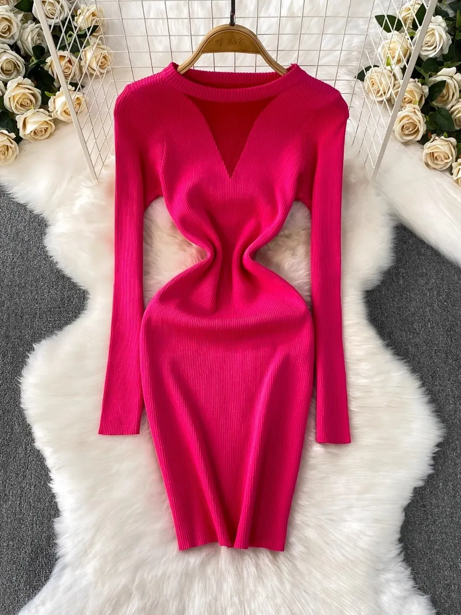 Foamlina Feminine Sexy Sheer V Neck Long Sleeve Knit Dress Women Winter Body Sculpting Slim Fit Bodycon Midi Skirt