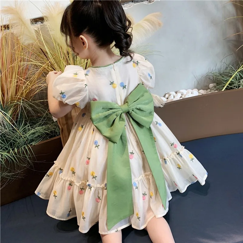 2023 Girls Summer Dress Flowers Embroidery Big Bow Kids Girl Princess Birthday Dresses Children Vestidos Clothes 2-14age