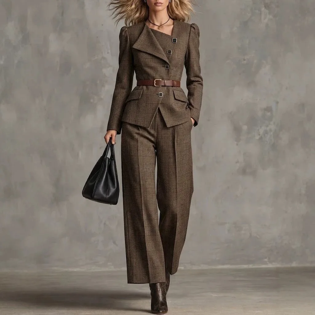 Plaid Wide Leg Checked Two Set Regular Fit Minimalist Business Style Women Suit with Pocket Details and Patchwork Construction