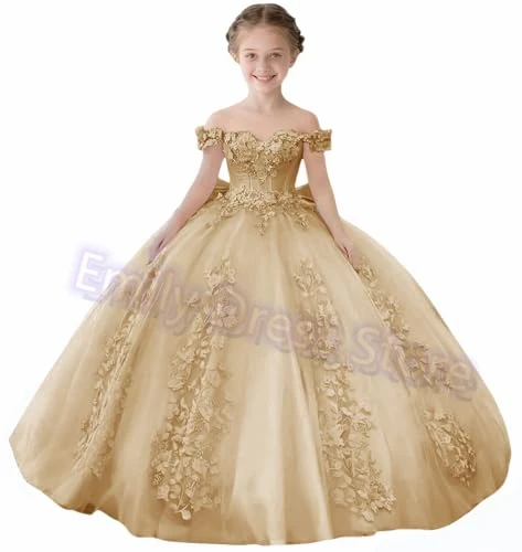 Customized Flower Girl Dress for Wedding Puffy Champagne Off Shoulder Lace Elegant Kids Birthday Party First Communion Ball Gown