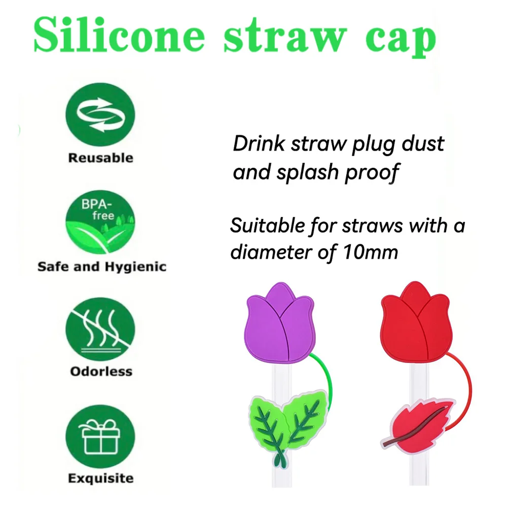 1-10pcs tulip Straw Cover Cap Cartoon 10MM Drink Straw Plug Reusable Splash Proof Drinking Fit Cup Straw Cap Charms Pendant Gift