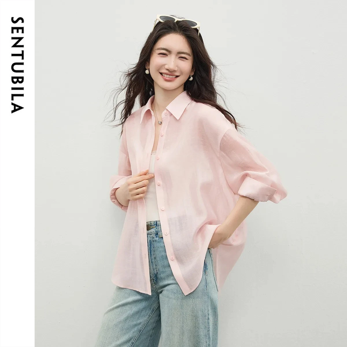 

SENTUBILA 2026 Spring Pink Lace Trim Button Down Shirt Women Oversized Tie Back Blouse Casual Office Long Sleeve Top 161CA6545