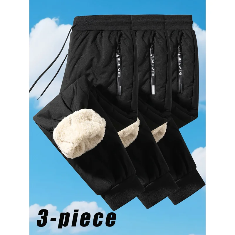 3-piece Casual Pants winter Men Clothing thickened for warmth waist drawstring pocket zipper Men's 2025 Man Baggy Sweatpants
