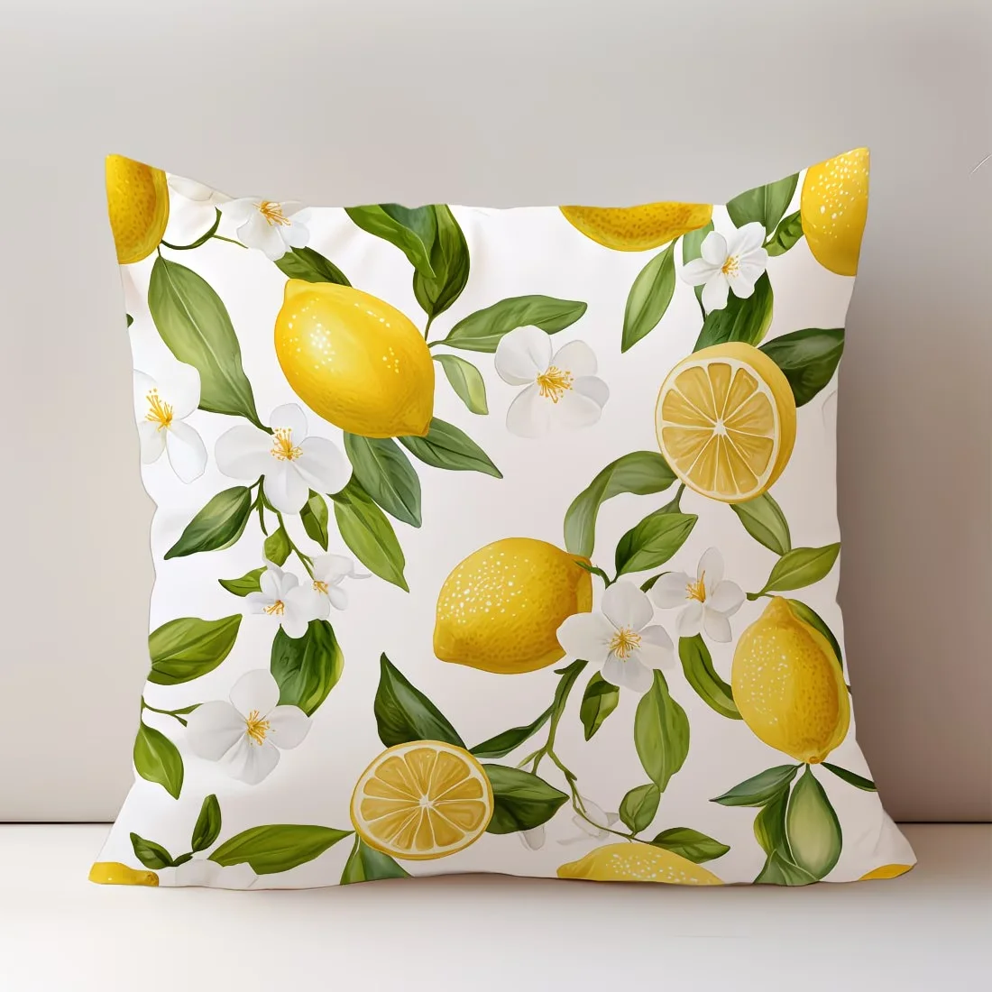 1pc Fresh Lemon Floral Printed Throw Pillow Cover,Suitable for Sofa, Bedroom, Living Room, Easily Create a Refreshing Atmosphere